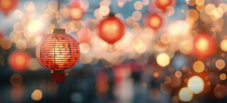Red paper lanterns hang in front of a blurred background of colorful bokeh lights. The warm glow of the lanterns creates a festive atmosphere.の素材