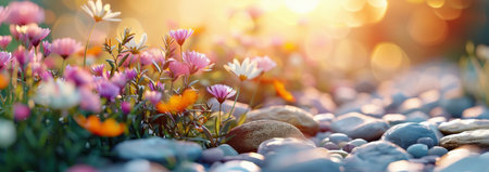 A close-up view of colorful wildflowers growing amongst smooth, gray stones. The setting sun creates a warm glow, highlighting the delicate petals and the textures of the rocks.の素材