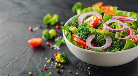 A bowl of fresh salad with broccoli, tomatoes, and red onion. The salad is placed on a black slate background, surrounded by additional ingredients.の素材