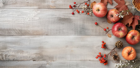 A wooden table is adorned with autumnal decor, featuring pumpkins, apples, fall leaves, pinecones, cinnamon sticks, and pie. The image is shot from above, creating a festive and inviting atmosphere.の素材
