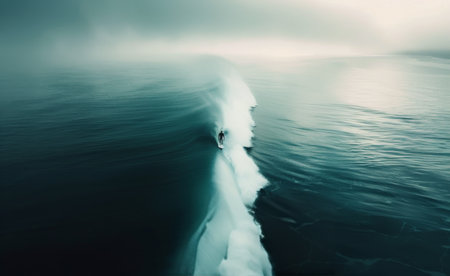 A surfer rides a large wave in the ocean, viewed from above. The white foamy crest of the wave contrasts with the deep blue water.の素材