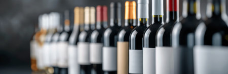 A close-up shot of wine bottles lined up in a row. The focus is on the necks and caps of the bottles, which are of various colors and designs. The background is blurred and out of focus.の素材