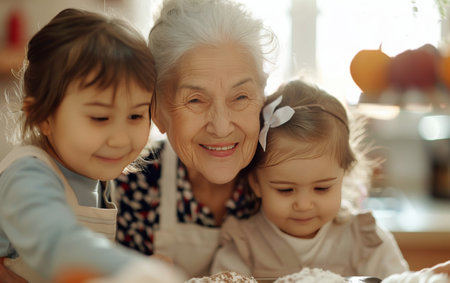 A grandmother with flour on her face smiles happily as she bakes with her two granddaughters, who are sitting next to her.の素材