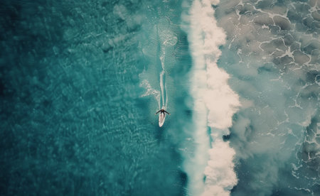 A surfer rides a large wave in the ocean, viewed from above. The white foamy crest of the wave contrasts with the deep blue water.の素材