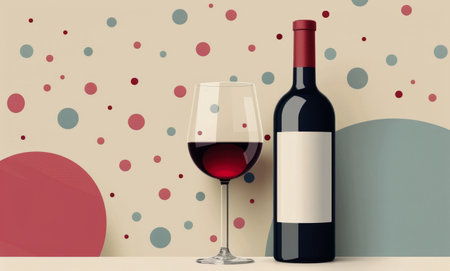 On a table sits a red wine bottle with a blank label and a glass of red wine, with a yellow, red, and gray geometric background. A golden branch in a cream vase is placed behind the bottleの素材