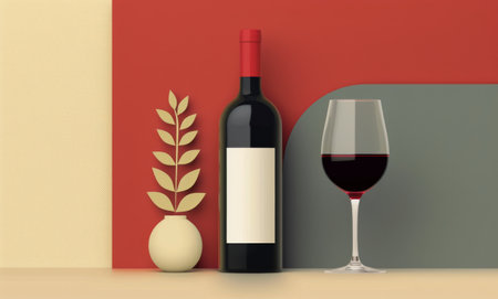 On a table sits a red wine bottle with a blank label and a glass of red wine, with a yellow, red, and gray geometric background. A golden branch in a cream vase is placed behind the bottleの素材