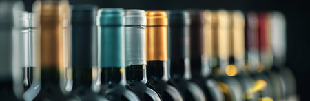 A close-up shot of wine bottles lined up in a row. The focus is on the necks and caps of the bottles, which are of various colors and designs. The background is blurred and out of focus.の素材