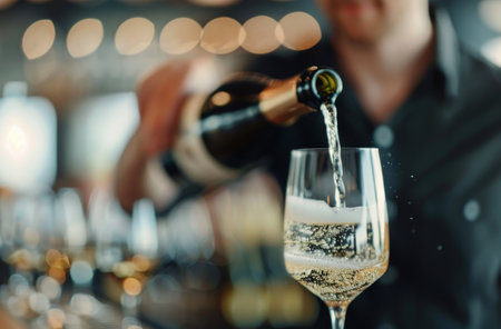 A hand pours sparkling wine into a glass, creating bubbles and foam. Other glasses filled with champagne are blurred in the background. The scene is lit with warm, inviting lights.の素材