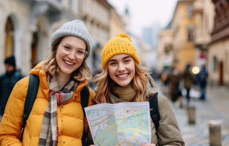 Two young women, dressed warmly, smile as they look at a map together while walking down a city street.の素材
