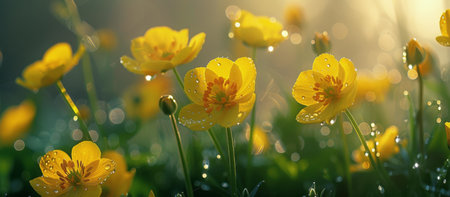 Cluster of vibrant yellow flowers with tiny water droplets glistening on their petals.の素材