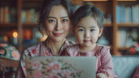 A woman and a little girl are looking at a laptop screen together, sitting closely and engaged in the digital content.の素材