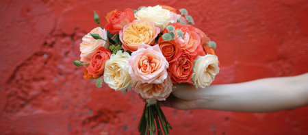 A persons hand holding a colorful bouquet of flowers with a variety of blooms and greenery.の素材
