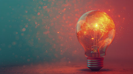 A brightly glowing light bulb positioned on top of a table, illuminating the surrounding area.の素材