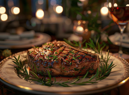 A juicy steak adorned with savory sauce and fresh herbs for a flavorful dining experience.の素材