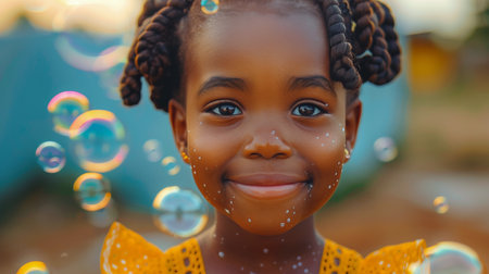 A young girl with curly hair and blue eyes is surrounded by floating bubbles.の素材
