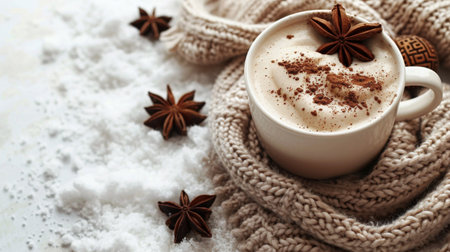 A mug filled with steaming hot chocolate sits on a wooden table.の素材