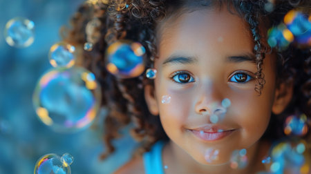 A young girl with curly hair and blue eyes is surrounded by floating bubbles.の素材