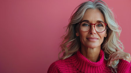 An older woman, wearing glasses and a pink sweater, is gesturing the peace sign with her fingers in a casual pose.の素材
