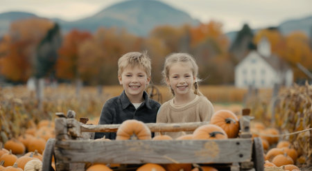 Two young children, wearing fall-colored clothes, ride in a wooden wagon pulled through a field of pumpkins. The wagon has two large wheels and is overflowing with pumpkins.の素材