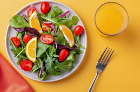 A person holds a bowl of fresh salad, featuring green lettuce, cherry tomatoes, and diced mango.の素材