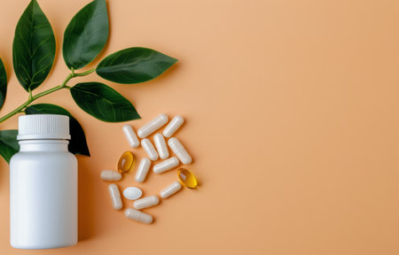 A white bottle containing pills is spilled on a peach-colored surface. The bottle is lying open, and some of the pills have spilled out. There are also some green leaves and a few yellow capsules near the bottle.の素材