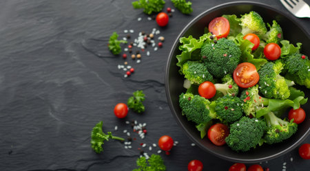 A bowl of broccoli and cherry tomato salad with parsley and peppercorns, on a black background.の素材