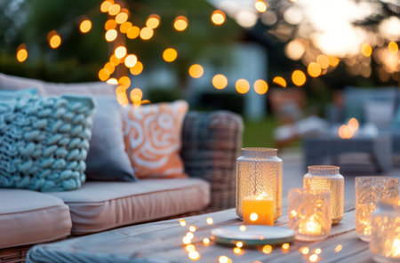 A cozy outdoor patio scene with a couch, pillows, and a table lit by candles and string lights.の素材