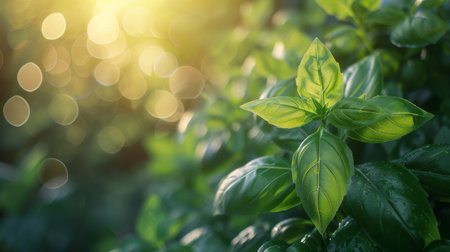 A bush of vibrant green leaves under the shining sun, casting a warm glow on the foliage.の素材