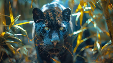 A realistic painting showing a leopard with its distinctive spotted fur, stalking through dense undergrowth in a lush jungle setting. The leopard is depicted with piercing eyes, sharp claws, and a powerful stance as it navigates its natural habitat.の素材