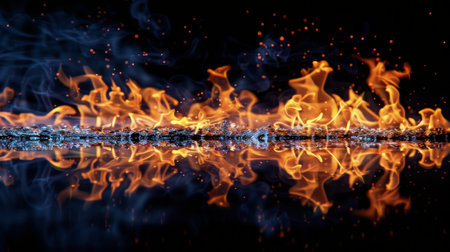 A detailed view of a fiery blaze burning intensely on a dark, black backdrop.の素材