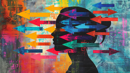 A womans side view with a vibrant, multicolored backdrop.の素材