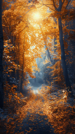 A wide path cutting through a dense forest, its surface completely covered with fallen leaves. The sunlight filters through the canopy, casting dappled shadows on the ground.の素材