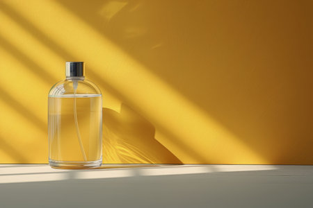A glass decanter sits on a vibrant yellow background. The decanter is sleek and transparent, reflecting the surrounding light. The yellow backdrop adds a pop of color to the simple yet elegant composition.の素材
