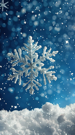 A snowflake, crystal clear and delicate, hovers in midair, suspended by unseen forces. Its intricate design glistens in the light as it drifts with a gentle, almost imperceptible motion.の素材