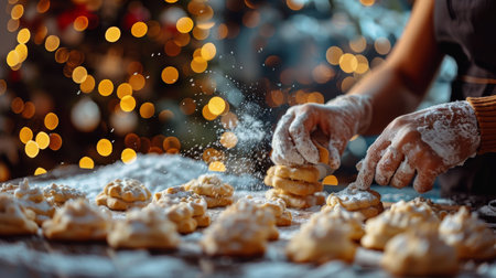 A person is diligently baking cookies on a wooden table, surrounded by ingredients and kitchen utensils.の素材