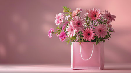 A pink bag containing pink flowers, showcasing a delicate and feminine arrangement.の素材