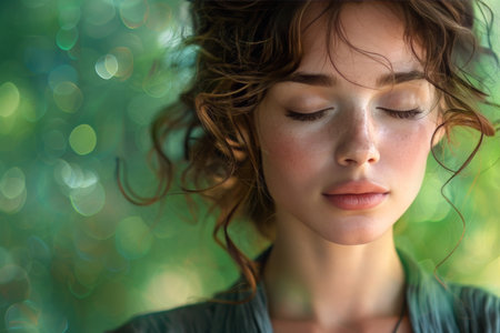 A woman stands with her eyes closed in front of a solid green wall. Her posture is upright, and she appears deep in thought.の素材