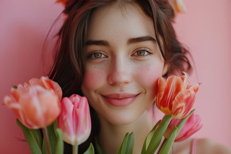 A young woman with long flowing hair holding a bouquet of pink tulips in her hands. She is standing outdoors, with a bright smile on her face as she admires the flowers.の素材