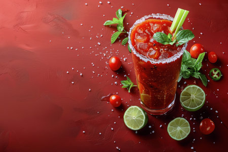 A glass filled with a red, bloody mary cocktail, topped with a green celery garnish, placed on a wooden table.の素材