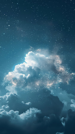 A blue sky dominates the scene with a single fluffy white cloud positioned centrally. The cloud contrasts against the clear blue backdrop, creating a simple yet striking image of natures beauty.の素材