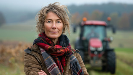 A woman standing confidently in front of a rugged tractor in a field.の素材