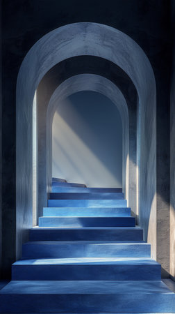 A long hallway with blue walls is illuminated by bright lights hanging from the ceiling. The corridor stretches into the distance, creating a sense of depth and perspective.の素材