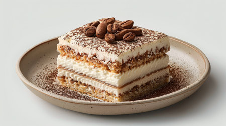 A single piece of cake is placed delicately on top of a clean, white plate. The cake appears moist and fluffy, with a tempting icing on top. The plate is simple and elegant, providing a stark contrast to the rich cake.の素材