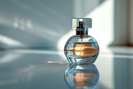 A clear bottle of perfume is positioned on top of a wooden table. The bottle is simple in design and reflects the surrounding light.の素材
