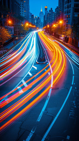 A busy city street filled with cars, buses, and pedestrians with bright headlights illuminating the dark night scene.の素材