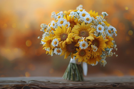 A bouquet featuring vibrant sunflowers and delicate white daisies set against a neutral background. The sunflowers stand tall with their bright yellow petals, while the white daisies provide a soft and elegant contrast.の素材