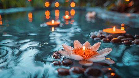 A white water lily gracefully rests on the surface of a small puddle of water. The lilys petals are stark white against the murky water, creating a striking contrast.の素材