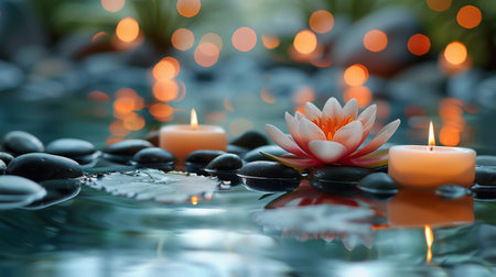 A white flower is seen delicately placed on top of a small puddle of water, creating a simple yet striking contrast between the purity of the flower and the reflective surface of the water below.の素材