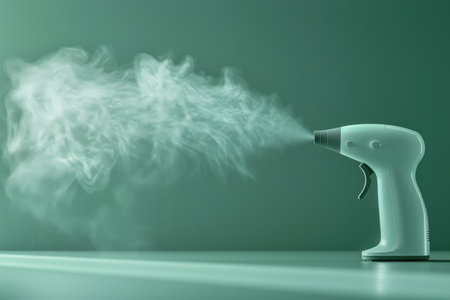 A yellow blow dryer emits a spray of water against a vibrant green background. The water droplets create a dynamic and interesting visual effect.の素材