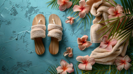 A pair of slippers sit next to a neatly folded towel and a small bouquet of flowers on a tiled floor. The scene suggests someone has just finished bathing or relaxing in the area.の素材